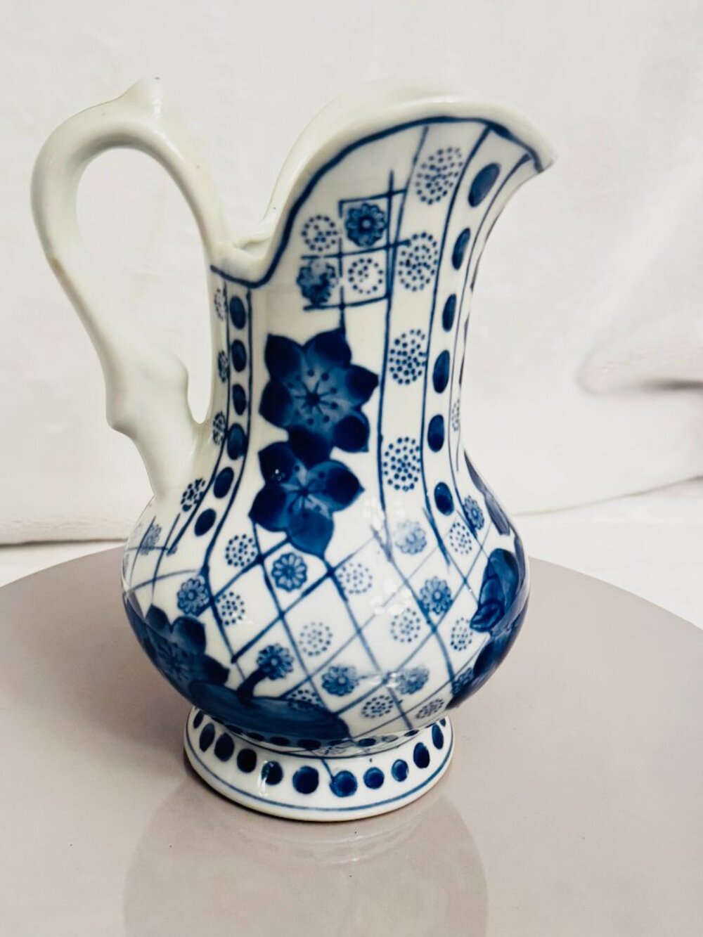 Blue White Floral Geometric Ceramic Pitcher 6.5 Glossy Pottery Decorative Handle